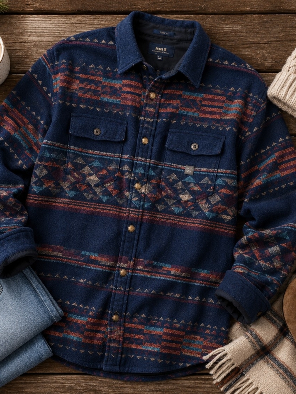 Navy Aztec Print Button-Up Shacket - Picture 2 of 6